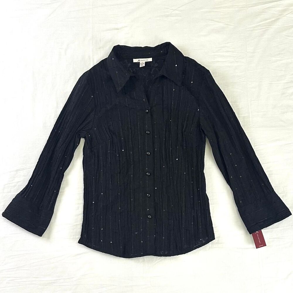 2000s NWT JM Collection‎ Black Fitted Floral Pleated Blouse Sequins Sz 8 Y2K Alt